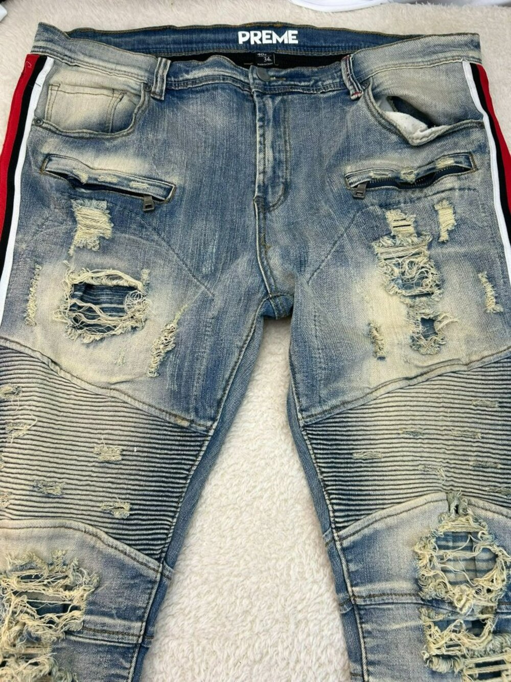 Preme Mens Moto Biker Distressed Light Wash Side Stripe Blue and Red Jeans 40X34